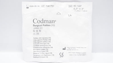 Codman 80-1407 Surgical Patties 1/2inch x 3inch - Pack of 10